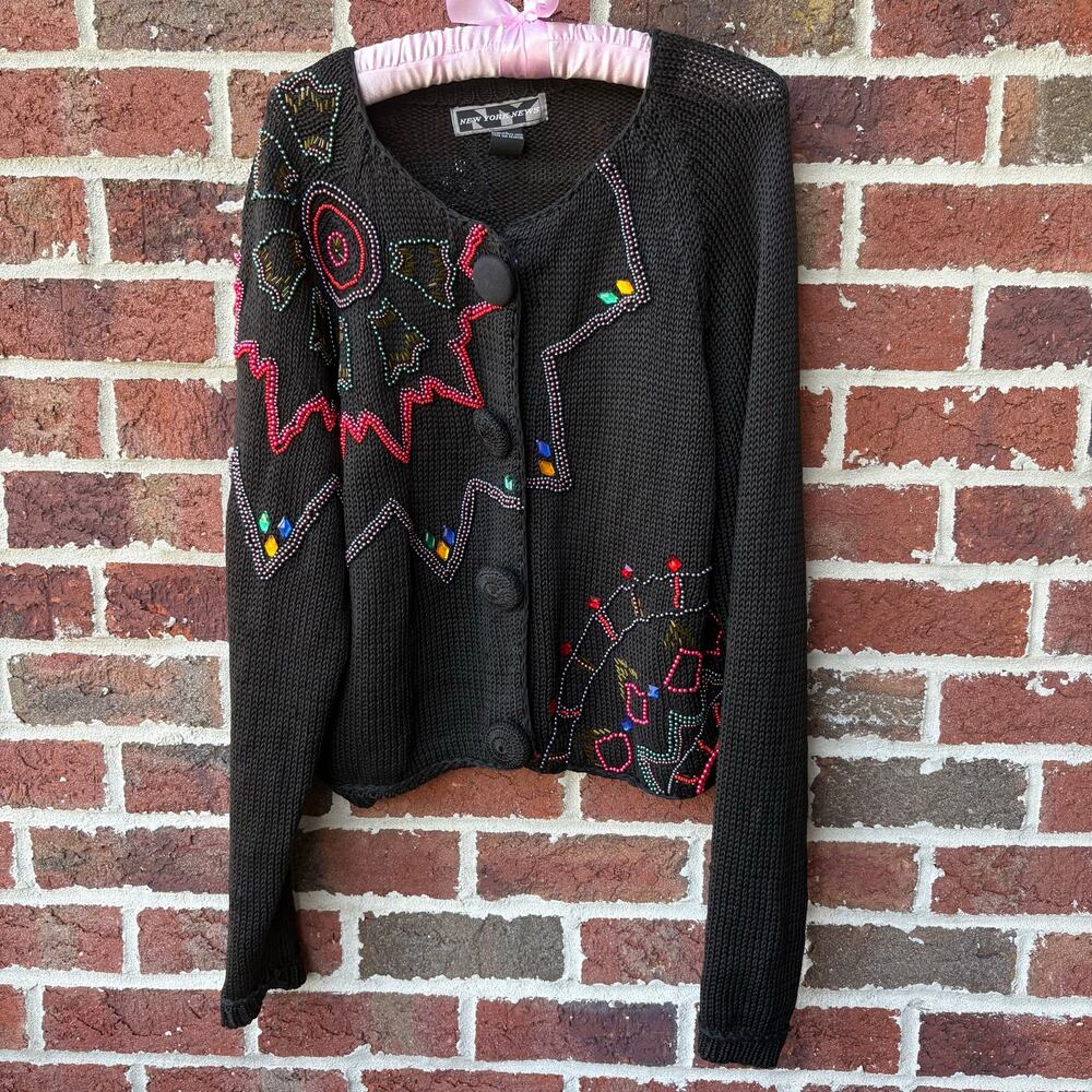 Vintage New York News Beaded Art Cardigan Sweater Black M
